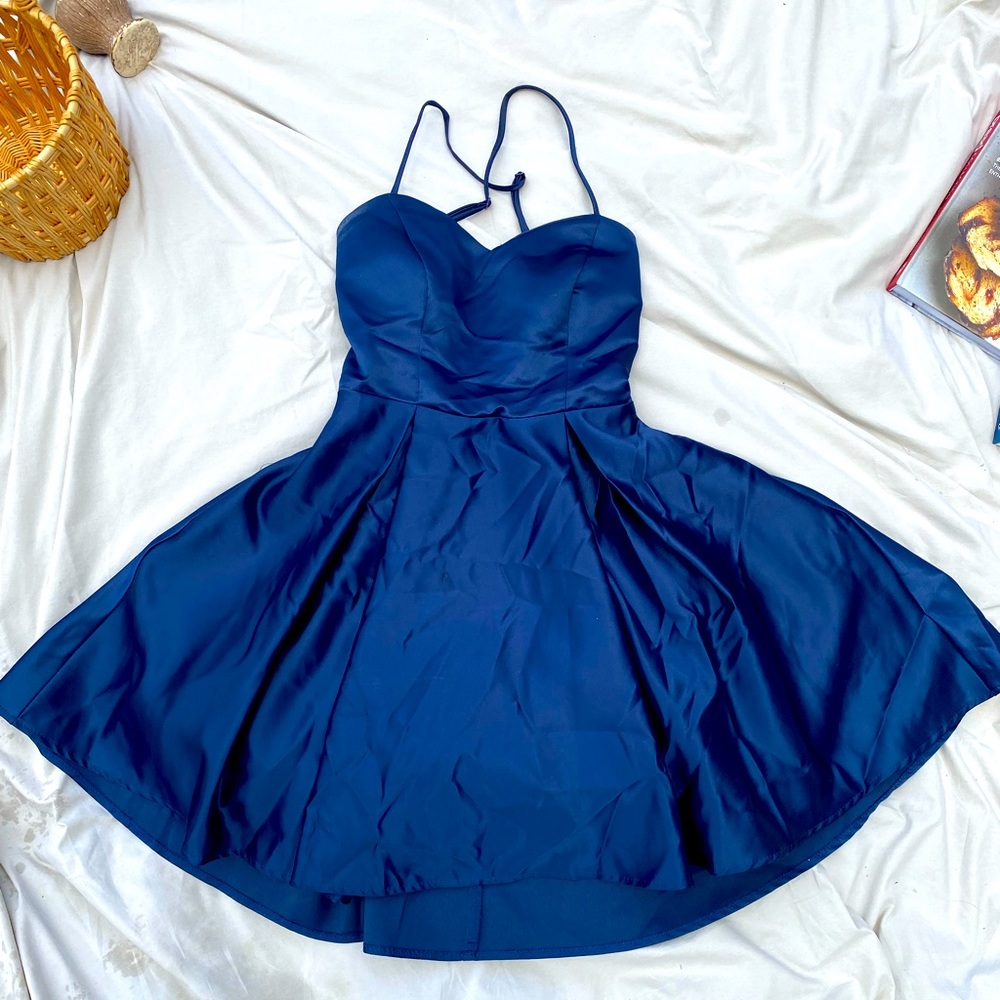 Deep blue Junior Semi formal dress with crinoline underskirt. Lightly padded top